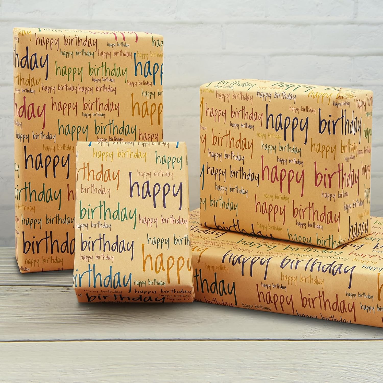 Happy Birthday Wrapping Paper For Men Women Boys Girls Kids, 20 X 28 Inches Per Sheet (4 Sheets: 15 Sq. Ft. Ttl.) Brown Recycled Kraft Folded Gift Wrap Paper For Baby Shower Daddy All Birthday Occasions
