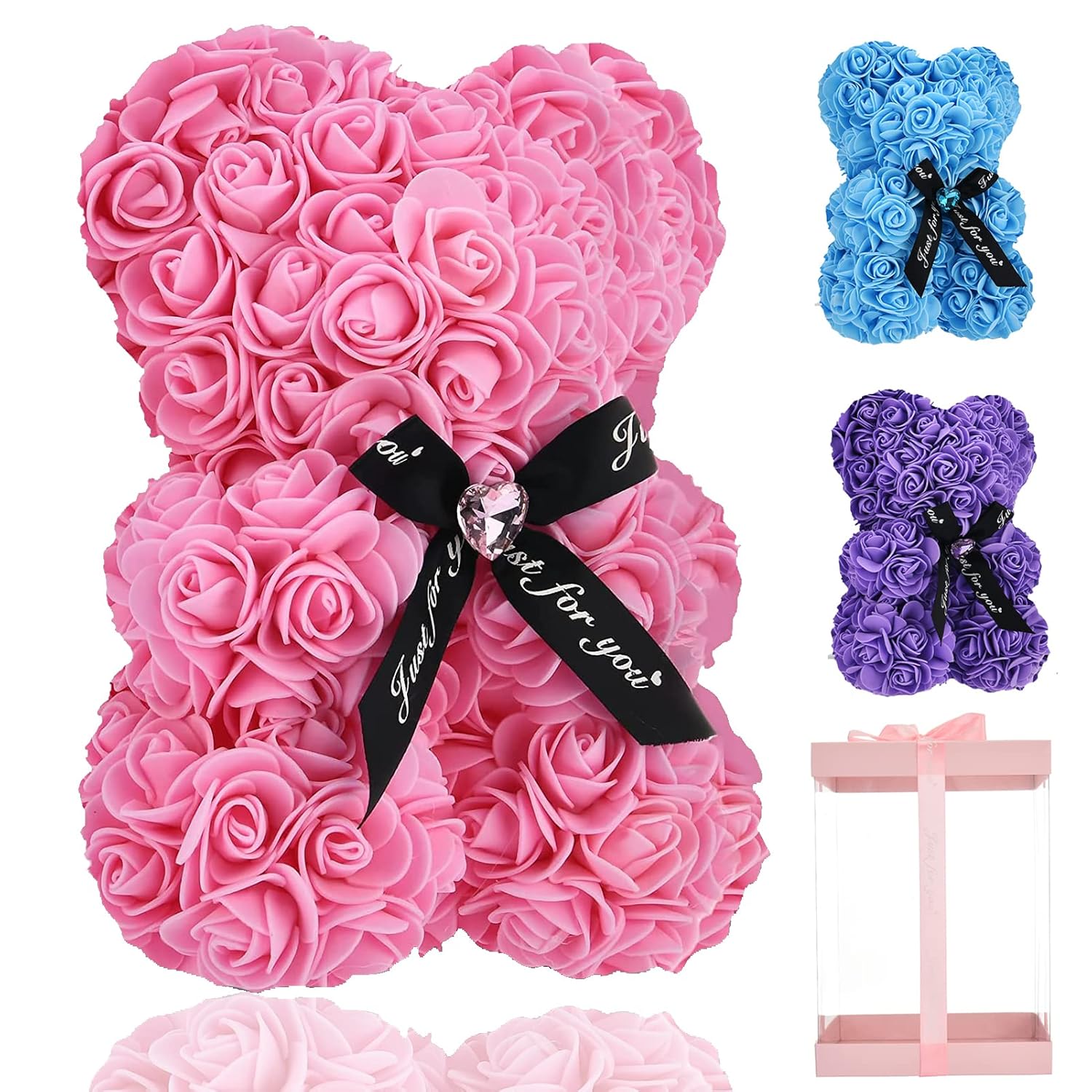 Flower Rose Bear,Romantic Gift For Valentine'S Mother'S Day, Christmas, Birthday,Girl Friend Her Mom Female Wife With Artificial Heart-Shaped Diamonds Pink