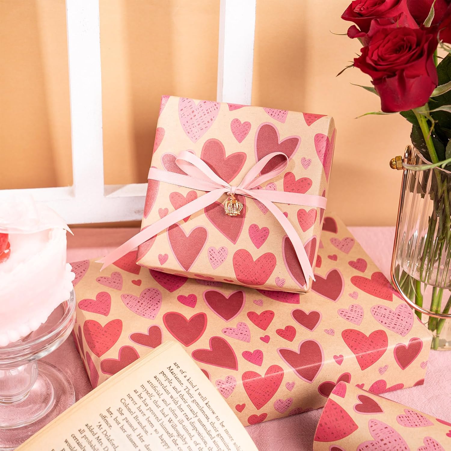 Kraft Valentine’S Day Wrapping Paper Roll, Mini Roll, Red And Pink Heart Design, Romantic Gift Wrap Paper For Valentine'S Day, Wedding, Anniversary, Birthday, 17 Inches X 16.4 Feet