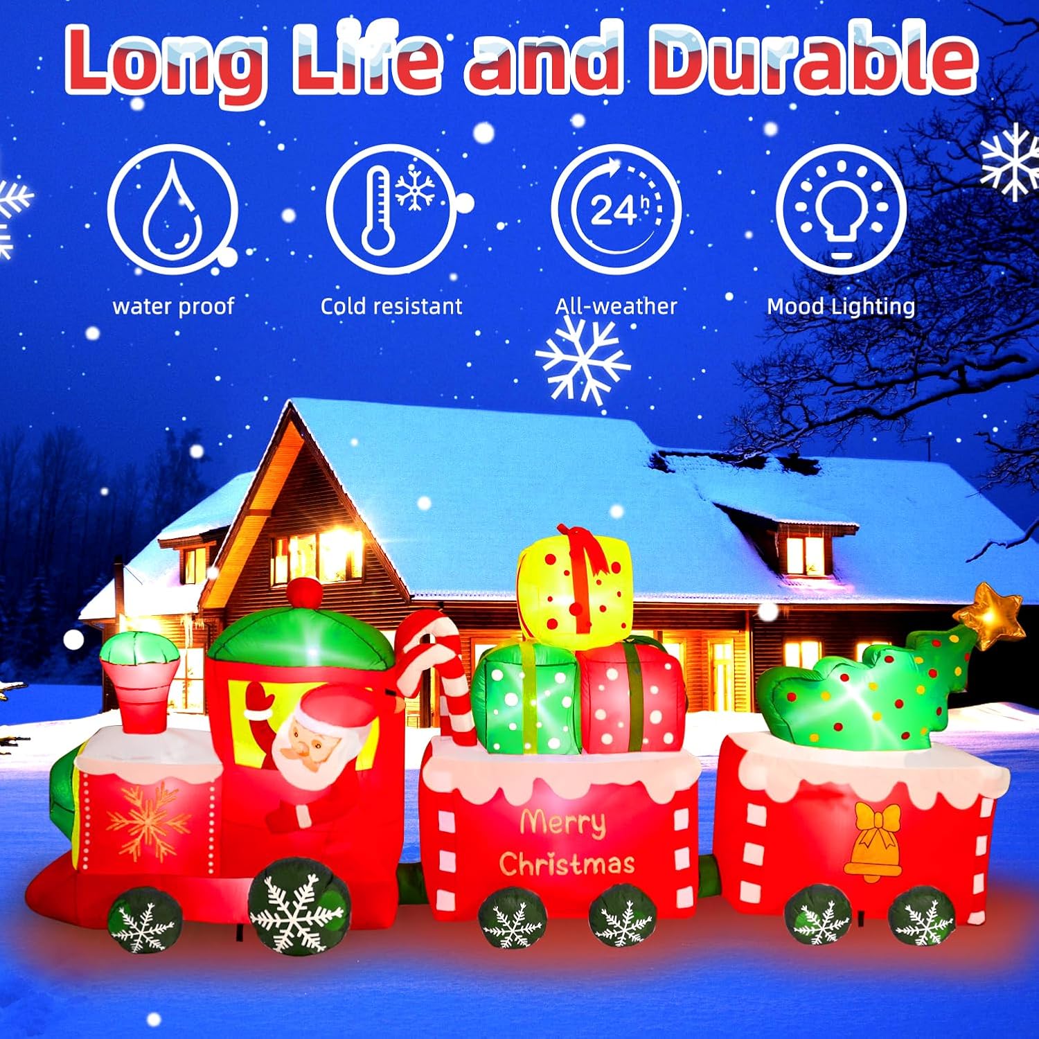 10 Ft Christmas Inflatables Train With Santa Claus Christmas Trees Built-In Led Lights Blow Up Christmas Decor For Chris