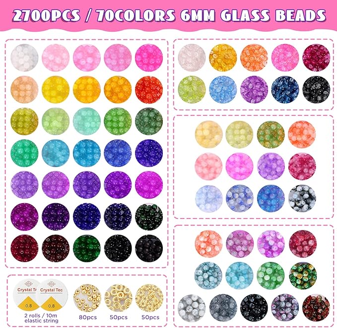 2700PCS 6mm Crackle Glass Beads for Jewelry Making 70 Color Round Crystal Beads Kit with Spacer Beads for Bracelets Necklaces DIY Crafts
