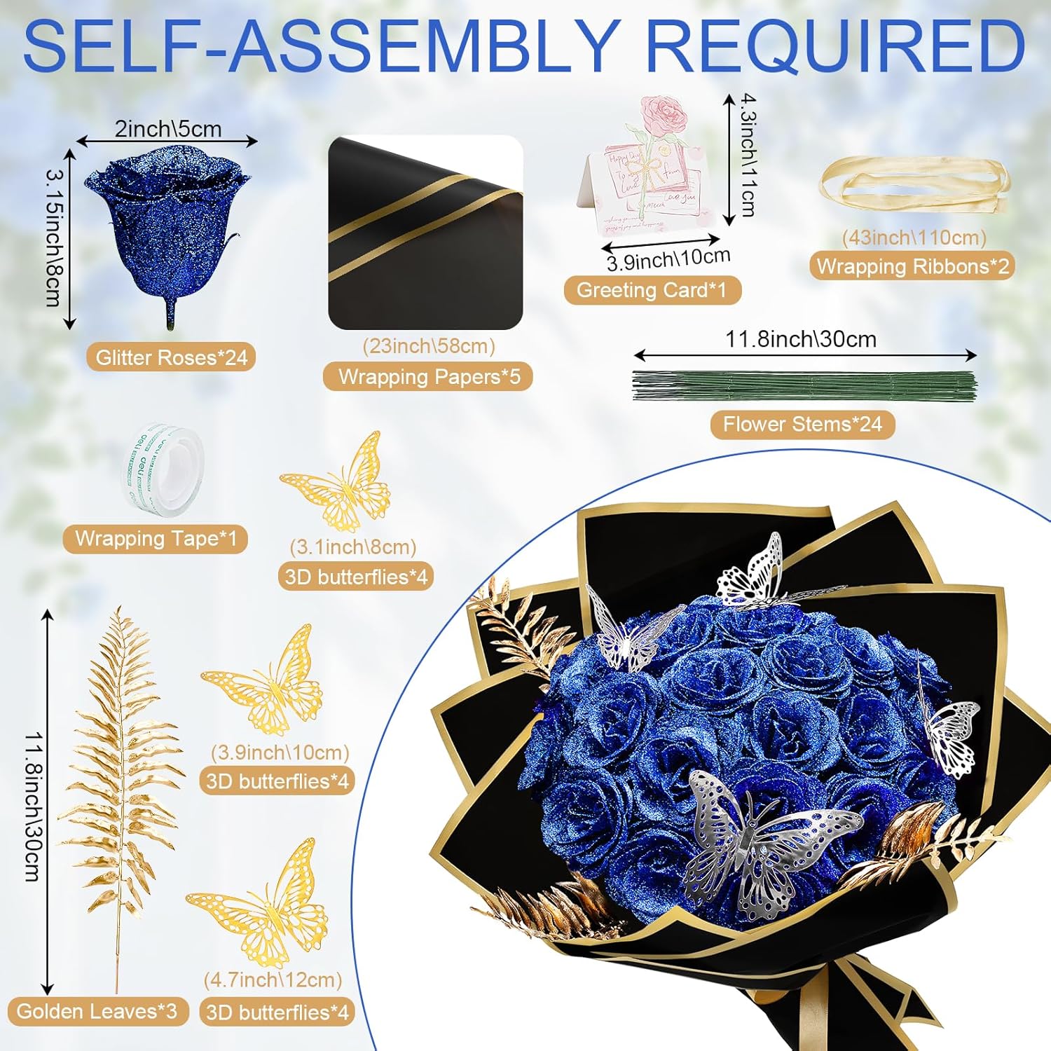 Glitter Roses - Royal Blue Glitter Rose Bouquet Shiny Everlasting Artificial Flowers For Diy Crafts Gifts Birthday Graduation Engagement Valentines Anniversary, 24 Roses