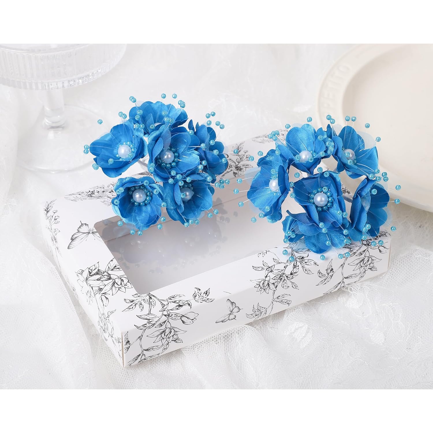 72Pc Artificial Silk Pearl Spray Craft Flower For Home Craft Decor Diy Wedding Bridal Veil Headband Dress Cake Topper Embellishment Scrapbook Favor Corsage Floral Bouquet Arrangement (Turquoise)