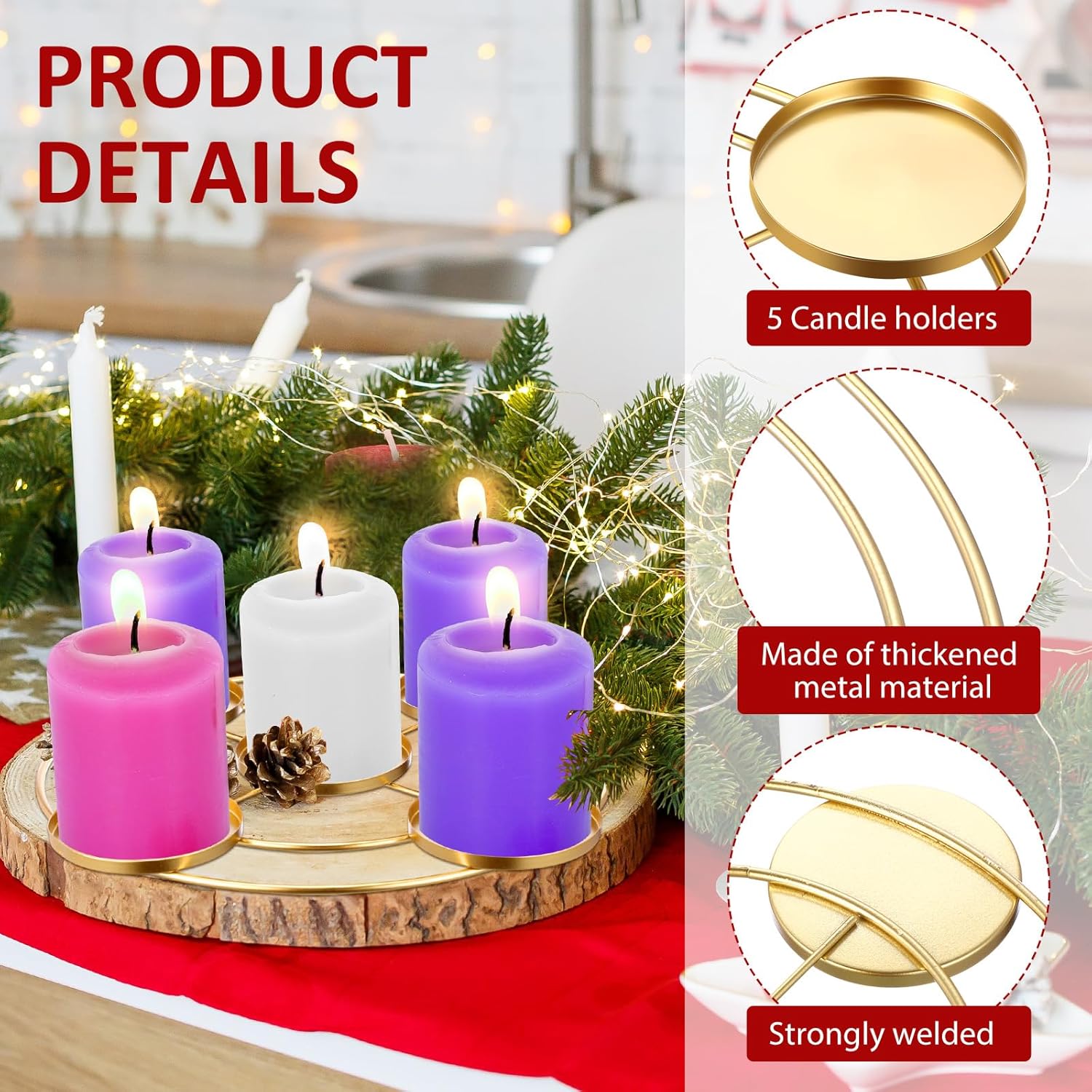 2 Pcs Christmas Advent Candle Wreath Ring Metal Candle Holder For Pillar Advent Rustic Candlesticks Holders For Xmas Table Centerpiece Decor Home (Wide,Round)