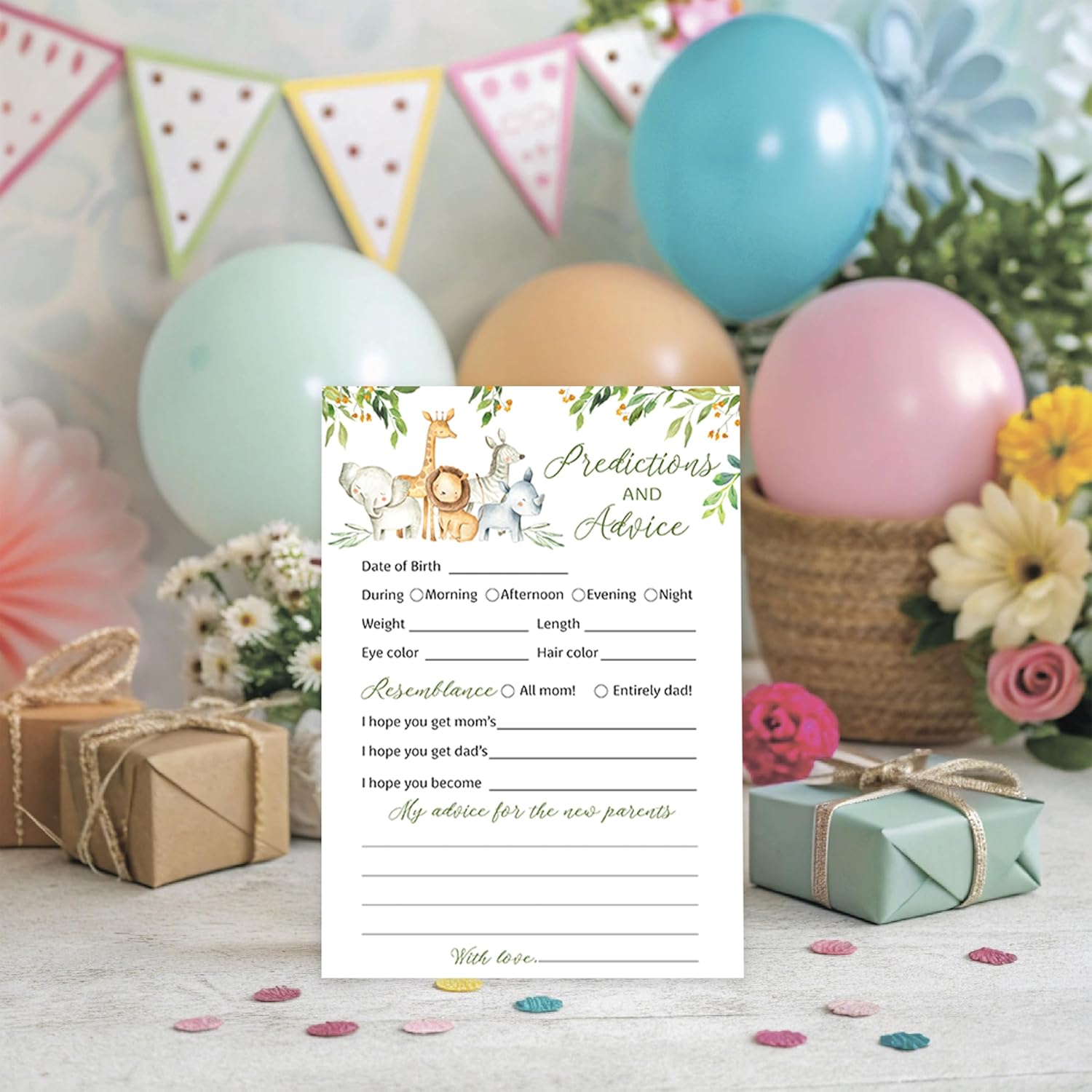 Safari Animals Prediction And Advice Cards - Pack Of 25 - Country Rustic Jungle Theme Baby Shower Games, Wishes For New Parents Mom & Dad To Be Mommy & Daddy Message Shower Activity Keepsake G550-Pdav