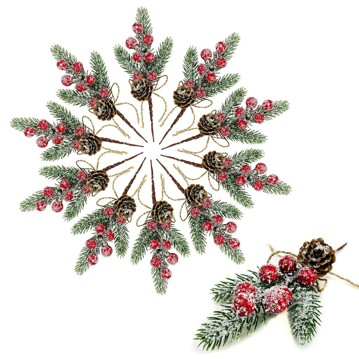 Red Berry Stems Floral Pine Cones Branches 10Pcs Christmas Artificial Evergreen Pine Branches Holiday Floral Picks Holly Stem Craft For Decoration Diy Christmas Xmas Garland Wreath Decoration