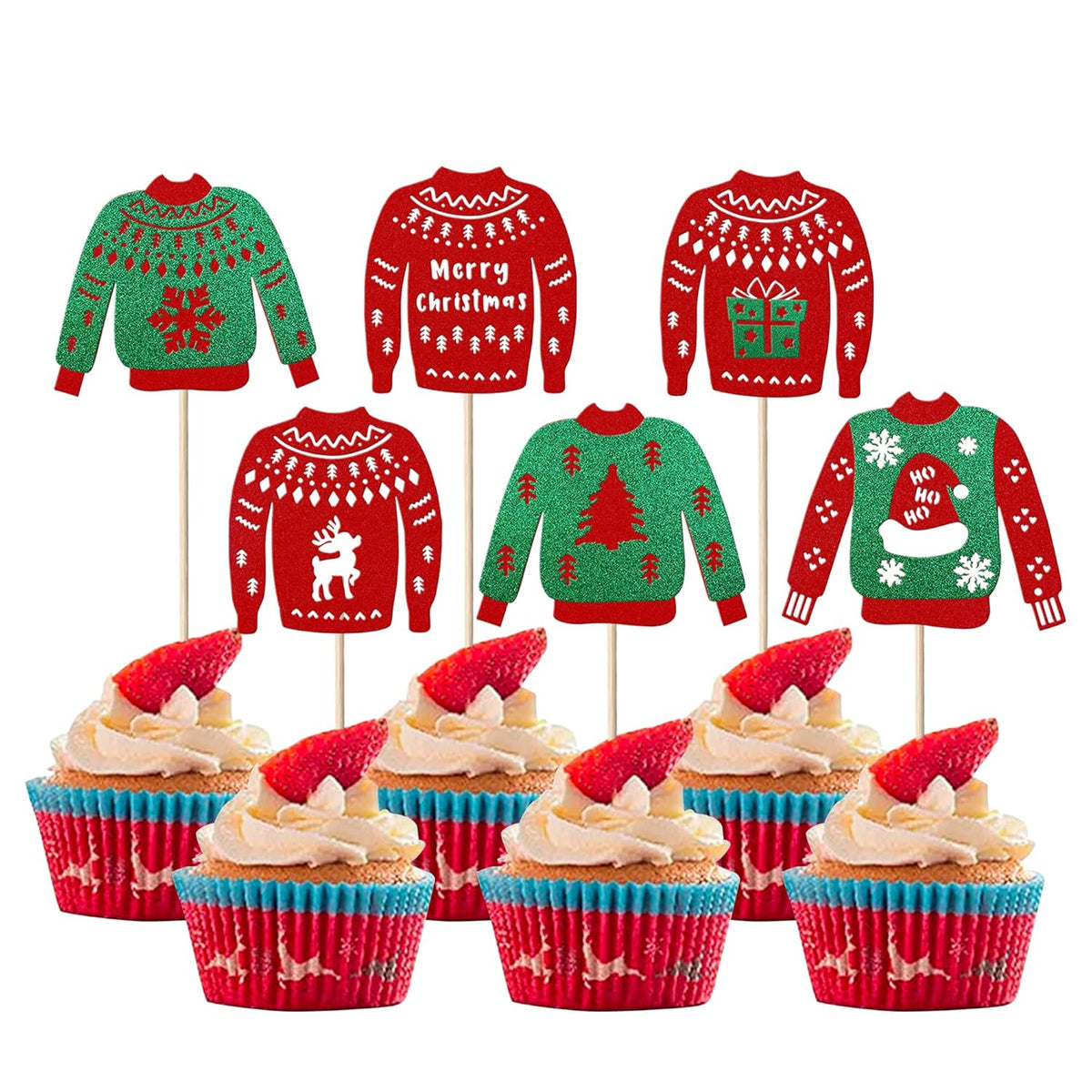 24 Pack Ugly Sweater Cupcake Toppers Christmas Tree Deer Snowflake Cupcake Picks Merry Christmas New Year Holiday Ugly Sweater Xmas Party Cake Decorations Supplies