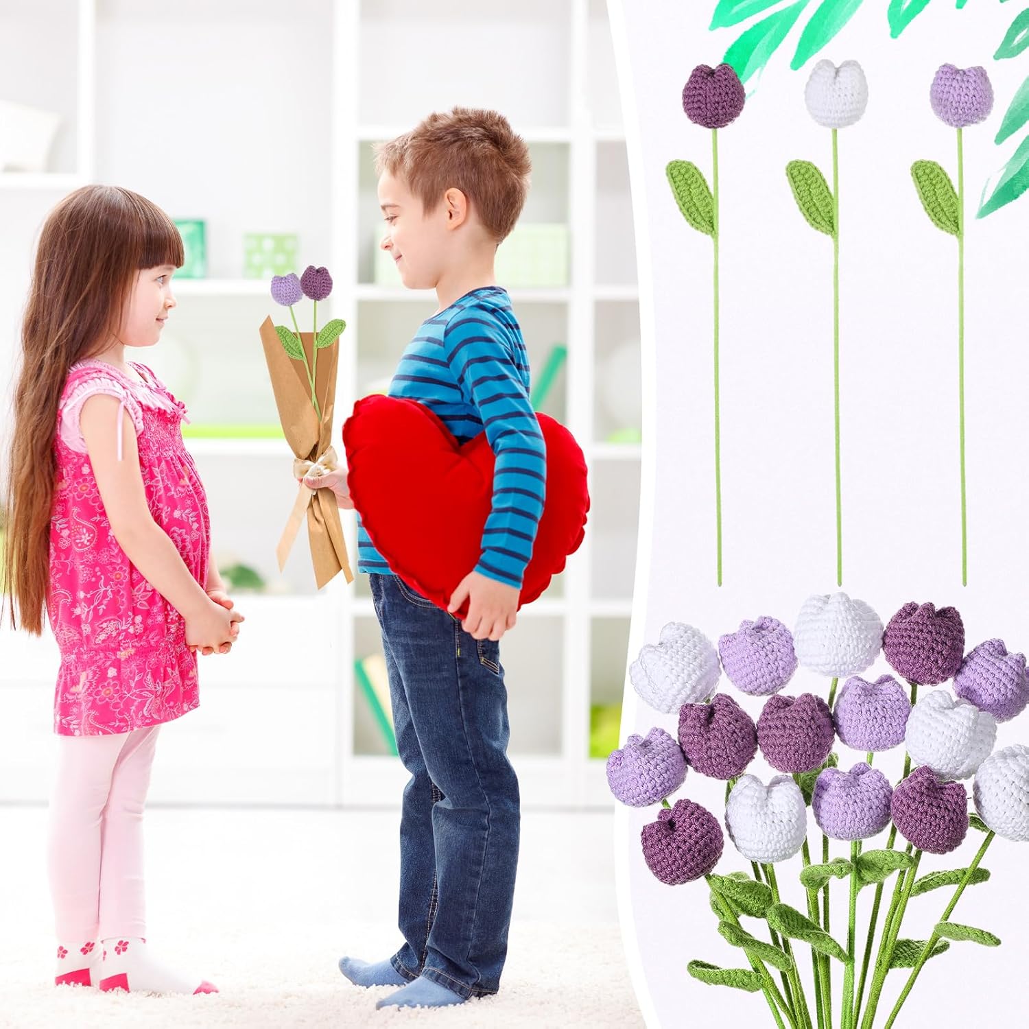 15 Pcs Crochet Tulips Flowers 16.5 Inches Handmade Crochet Tulips Artificial Dark Purple Violet White Knitted Tulipanes Fake Finished Bouquets Decoration Gift For Birthday Valentine Mother Day