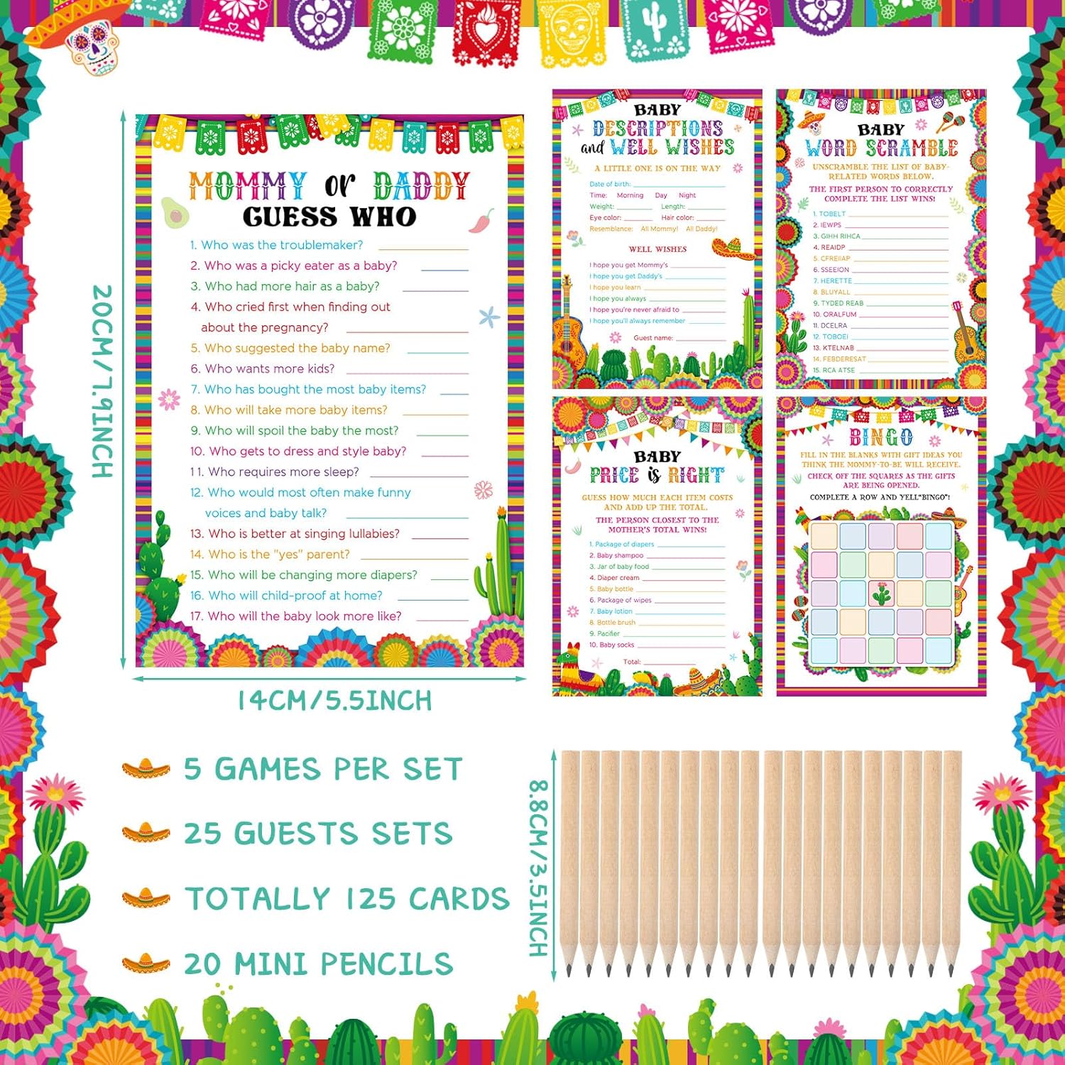145 Pcs Mexican Baby Shower 5 Set Activity Cards Fiesta, Description And Wishes, Baby Price, Word Scramble For Hispanic Heritage Month Activities