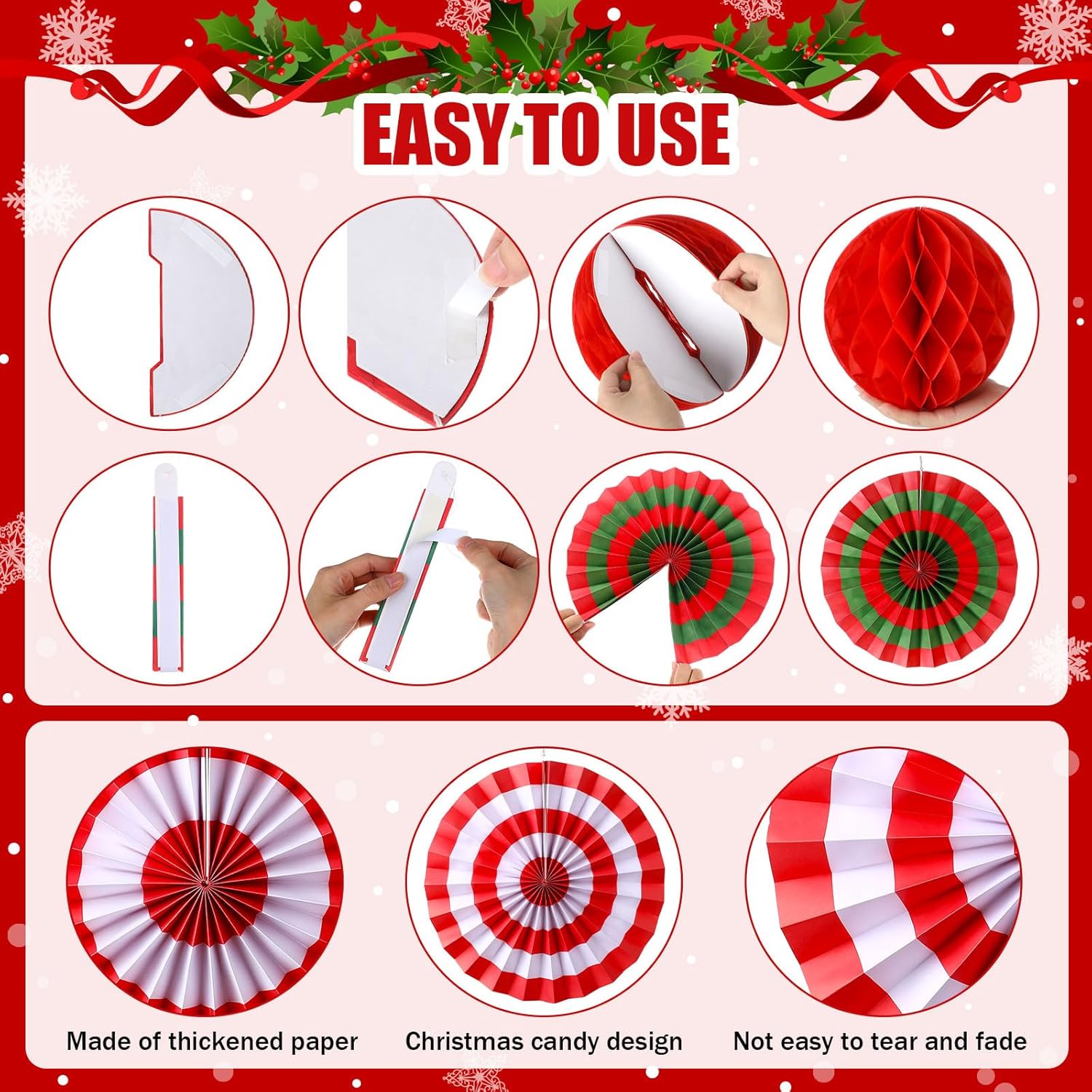 21 Pcs Christmas Candy Hanging Paper Fans Peppermint Christmas Banners Xmas Classroom Ceiling Decorations Tissue Poms Honeycomb Ball Ornaments For Birthday Wall Decor Supplies(Fashion)