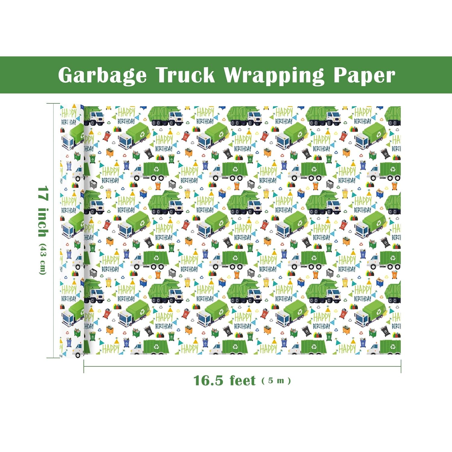 Garbage Truck Wrapping Paper - Mini Roll - 17 Inch X 16.5 Feet - Garbage Truck Happy Birthday Wrapping Paper For Kids Boys, Baby Shower, Car Lover