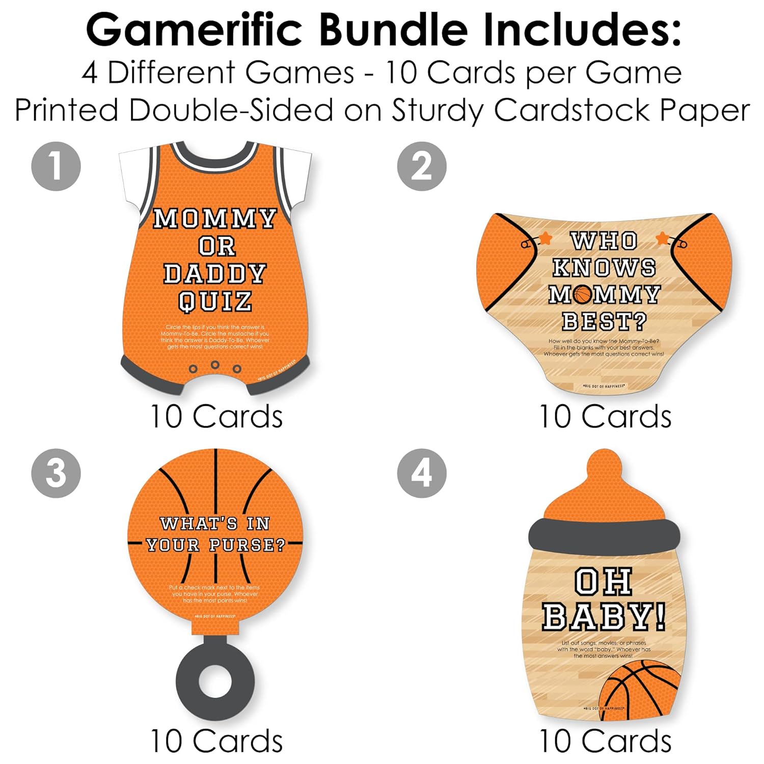Big Dot of Happiness Nothin’ but Net - Basketball - 4 Baby Shower Games - 10 Cards Each - Gamerific Bundle