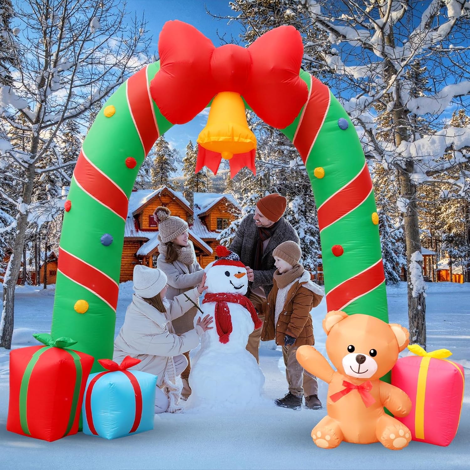 Christmas Candy Cane Archway Inflatables - 10Ft With Bow Bells, Led Lights - Outdoor Decorations For Xmas Garden Lawn