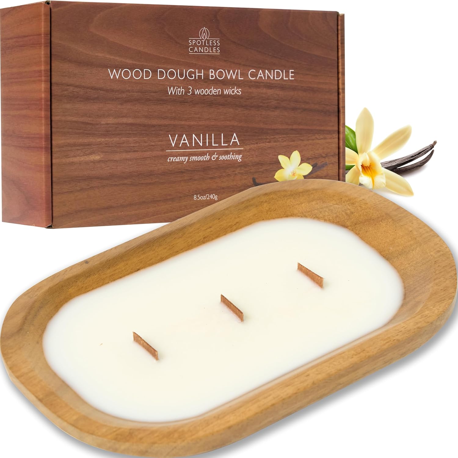 Pure Vanilla Bowl Candle - Wooden Dough Bowl Candle With Three Wooden Wicks - 620G (1.36 Lbs) - Relaxing Cozy Vanilla Scent