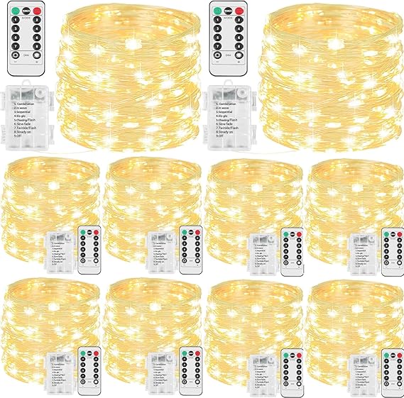 10 Pack 33FT 100 LED Fairy String Lights Battery Operated Warm White with Remote Control Timer Waterproof Twinkle Lights for Indoor Outdoor Bedroom Wedding Christmas Decor