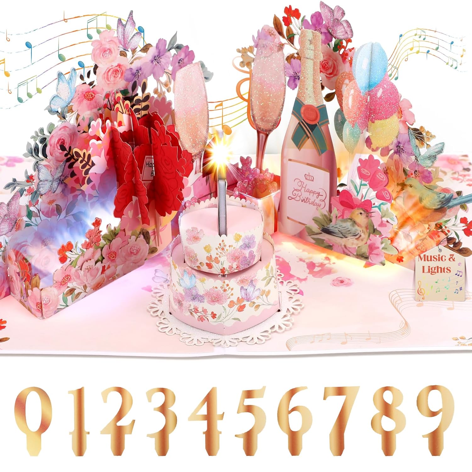Musical Birthday Card, 3D Pop-Up Flowers & Champagne Birthday Cards With Colorful Lights, Blow-Out Candles Birthday Card For Girls, Women, Wife, Moms, Sisters, Grandmothers