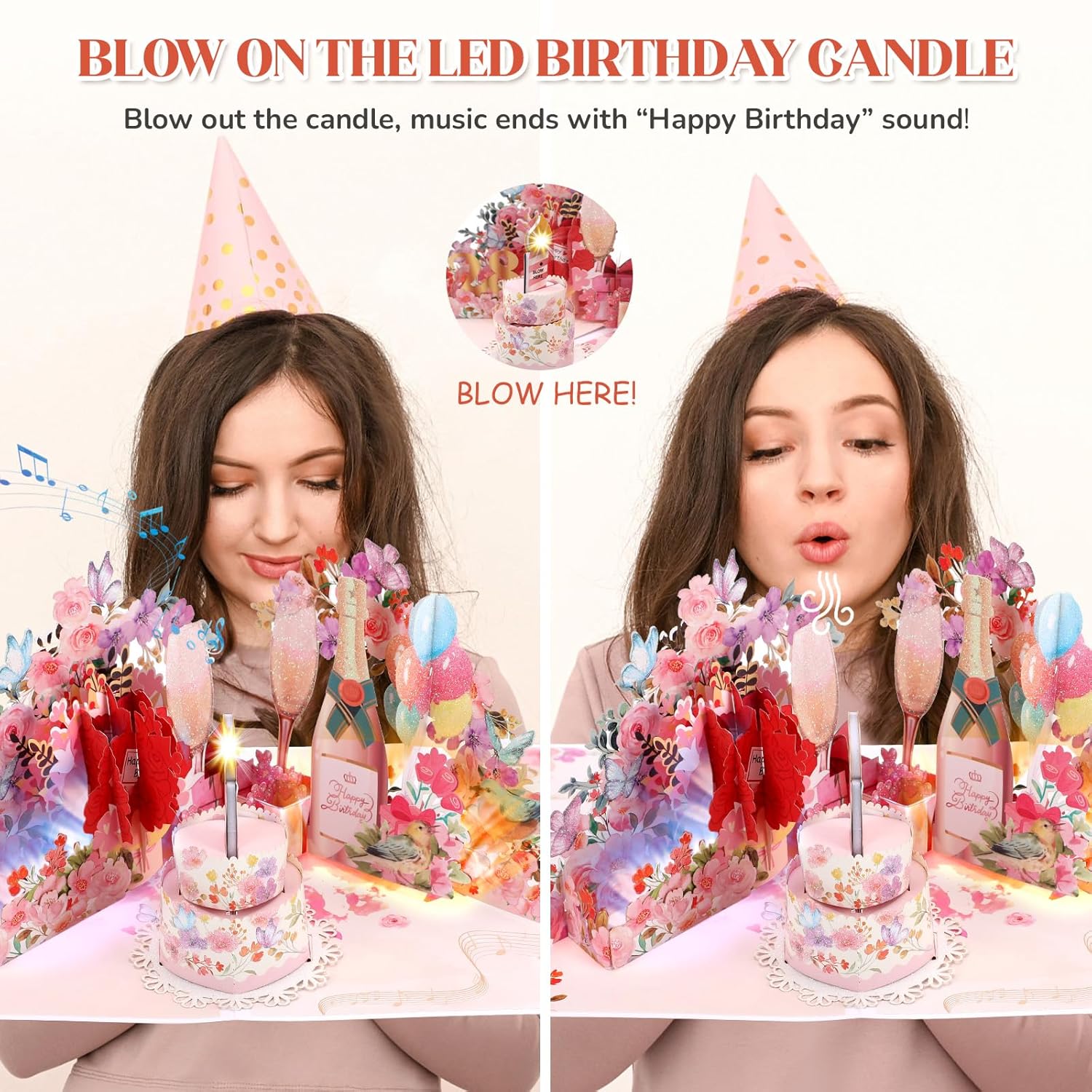 Musical Birthday Card, 3D Pop-Up Flowers & Champagne Birthday Cards With Colorful Lights, Blow-Out Candles Birthday Card For Girls, Women, Wife, Moms, Sisters, Grandmothers
