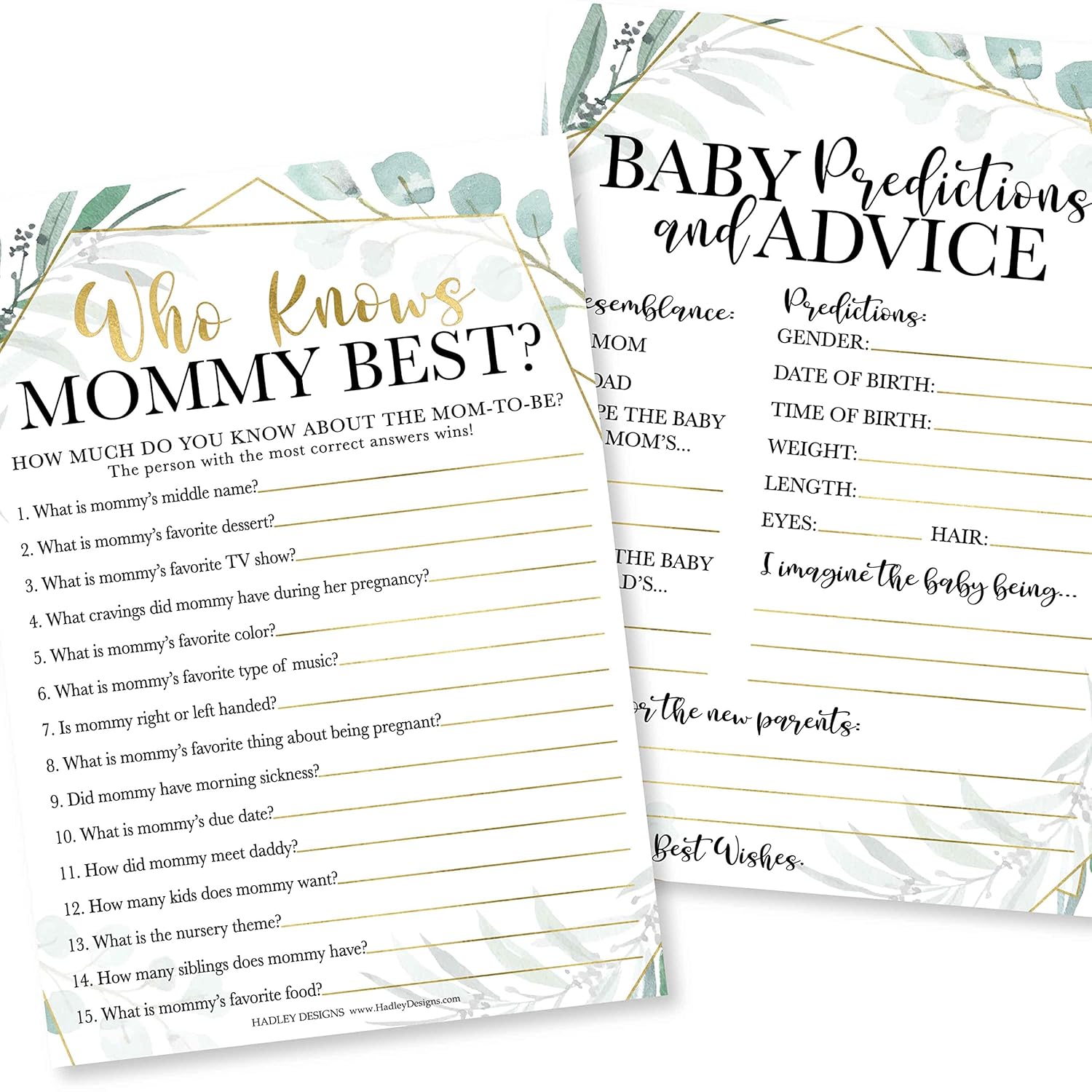 Baby Shower Games For 25 Guests - Greenery Baby Predictions & Advice Cards For New Parents, Who Knows Mommy Best, Babyshower Game Girl Boy Gender Neutral, Gender Reveal Games