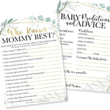 Baby Shower Games For 25 Guests - Greenery Baby Predictions & Advice Cards For New Parents, Who Knows Mommy Best, Babyshower Game Girl Boy Gender Neutral, Gender Reveal Games