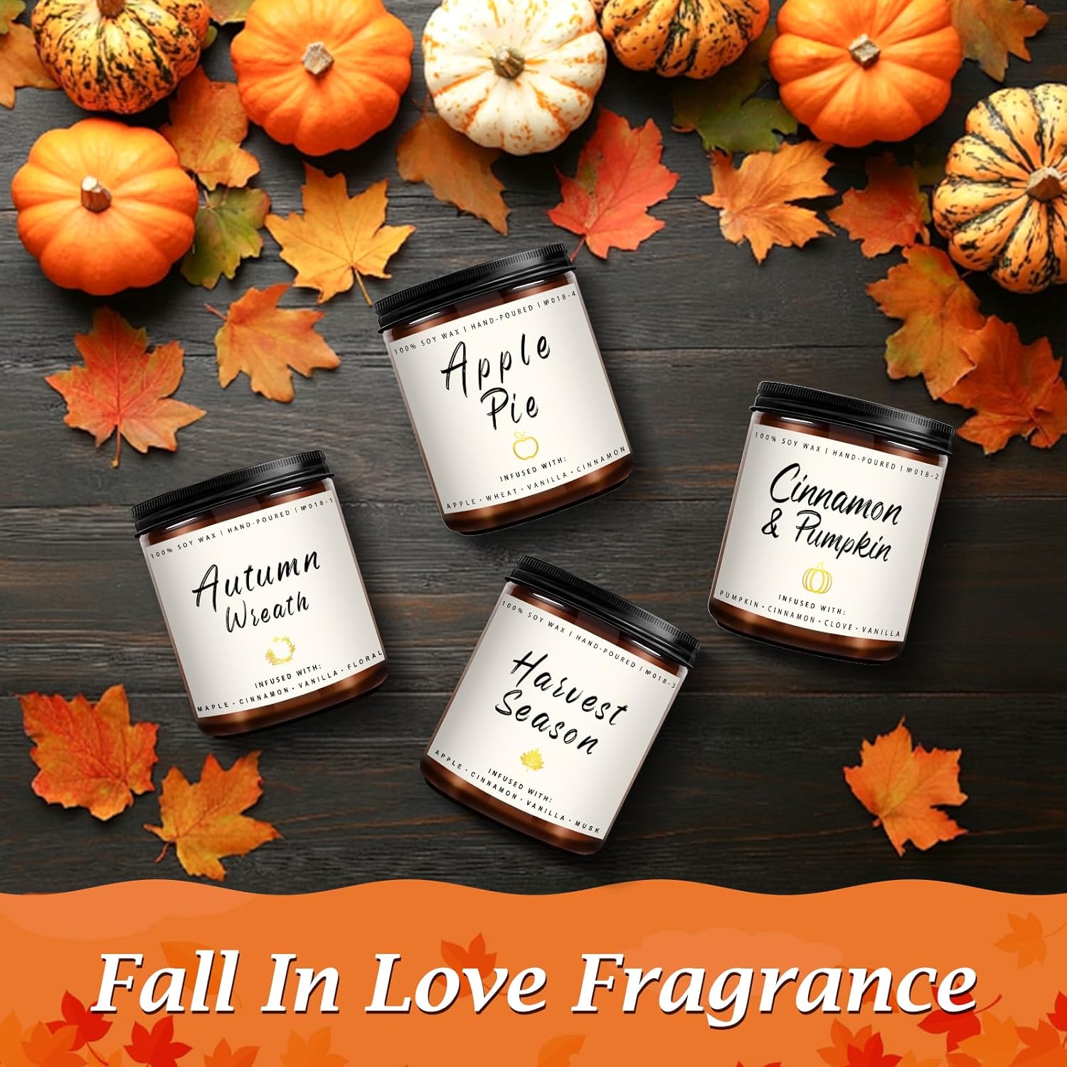 Fall Candle Set | 4 Pack Scented Candles For Home - Candle Gifts For Women Men, Soy Candles Home Scented | Autumn Fragrance Of - Apple Pie/Cinnamon/Harvest/Wreath