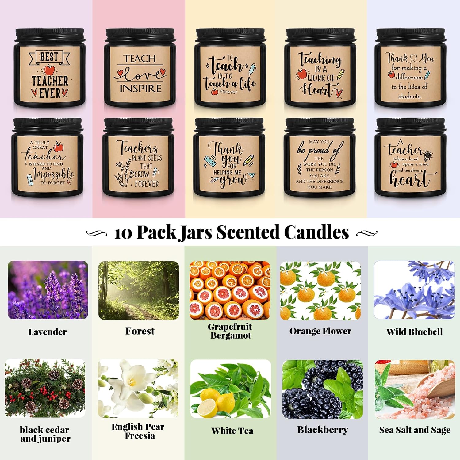 10 Pcs Valentines Teacher Appreciation Gifts In Bulk 3.5 Oz Best Teacher Candle May You Be Proud Of The Work Thank You Gifts For Teachers Women Holiday Favros, 10 Fragrances(Black)