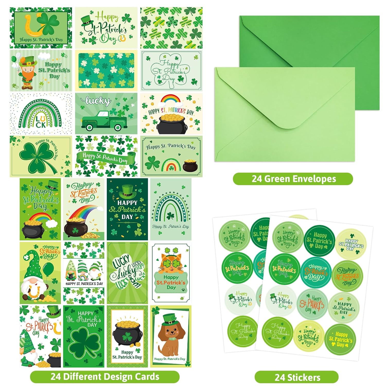 24Pcs St. Patrick'S Day Cards Assorted Shamrock Green Greeting Cards With Envelopes And Stickers For Happy St Patrick'S Day Supplies