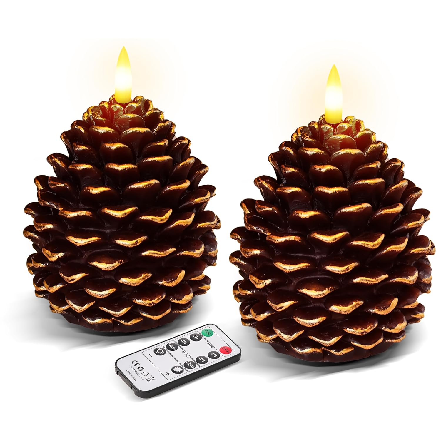 2Pcs Pine Cone Flameless Candles With Remote And Timer,Led Candles Battery Operated,Real Wax Window Candlesticks With Flickering 3D Flame For Christmas Decoration