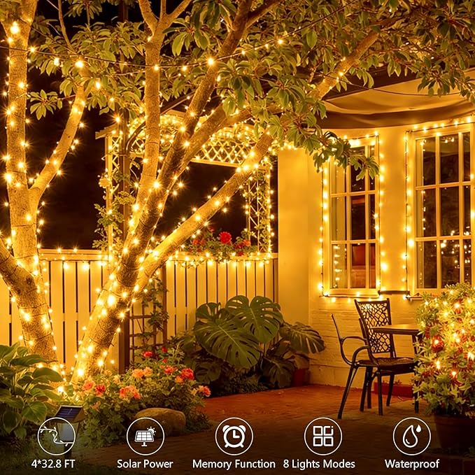 4 Pack 132FT Solar String Lights 400 LED Warm White Waterproof Twinkle Lights