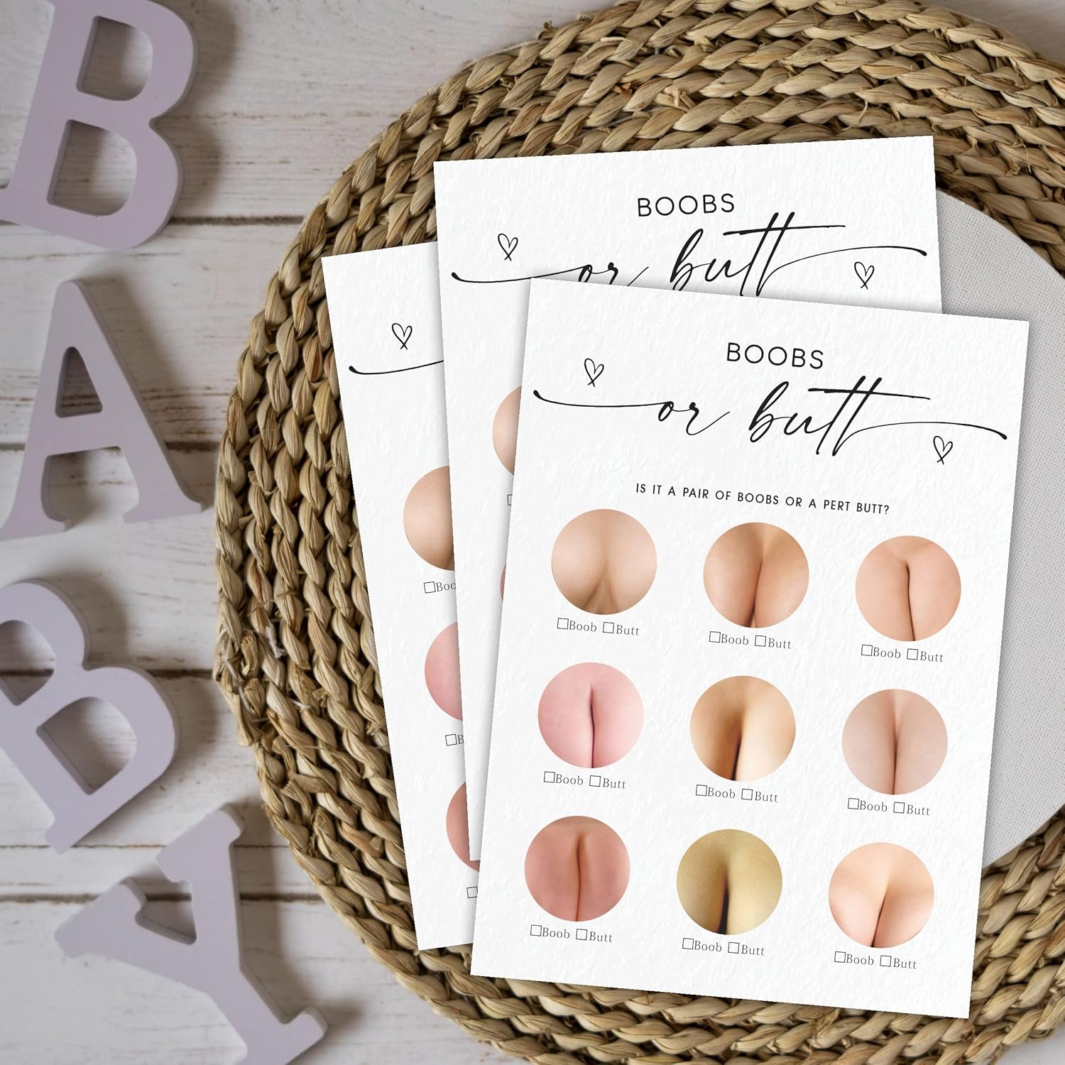 Minimalism White Baby Shower Games - Boobs Or Butt Game Cards With Answer Card - Baby Shower Game For Boy Or Girl, Baby Announcement, Gender Reveal Party Favor,Party Game & Activities(30 Pcs)- C01