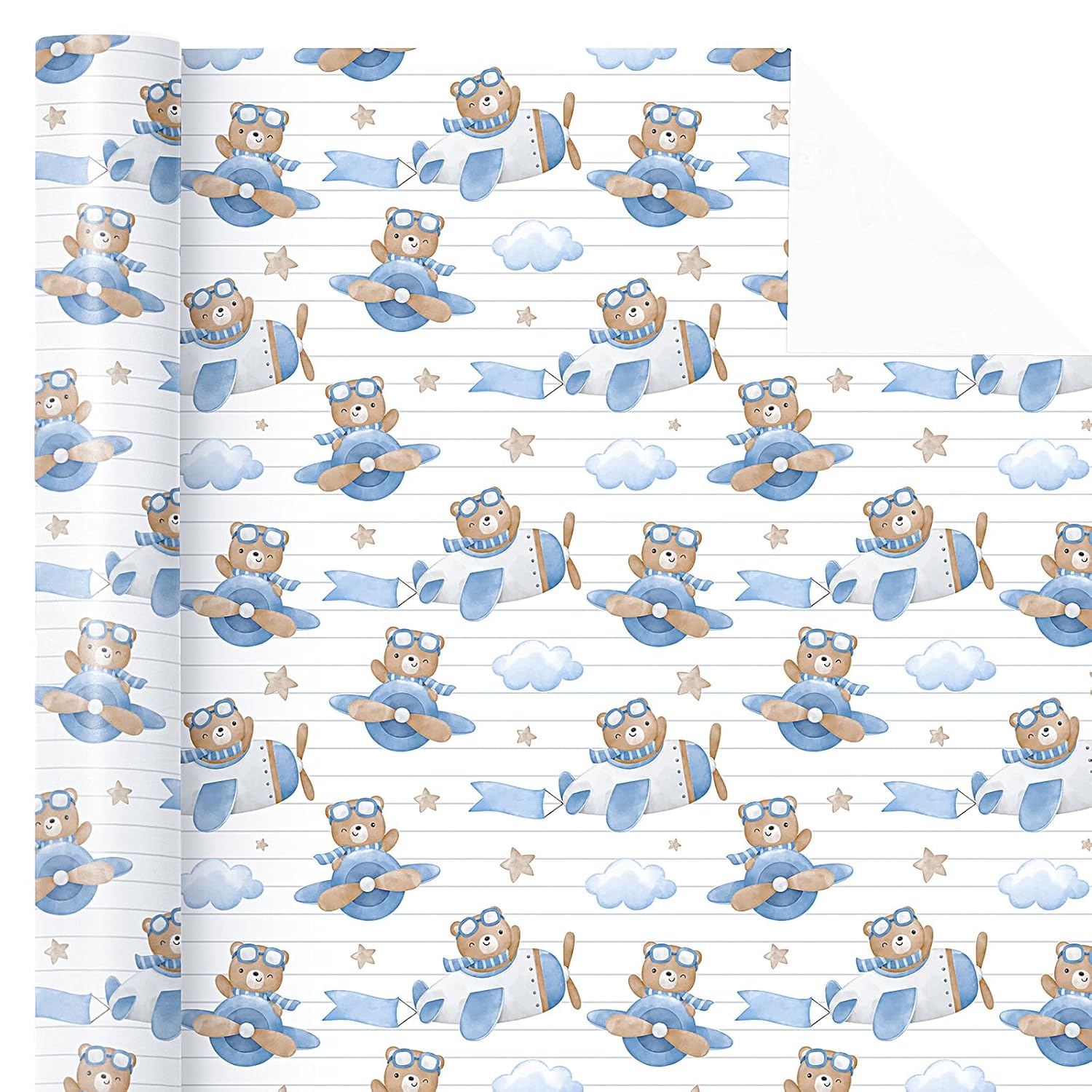 Bear Baby Shower Wrapping Paper Roll - Mini Roll - 17 Inch X 16.5 Feet - Airplane Teddy Bear Baby Boy Wrapping Paper, Perfect For Kids Boys Birthday, Newborn Gift Wrap