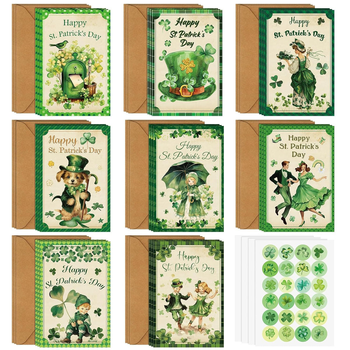 24 Sets St. Patrick'S Day Cards Assorted Retro Blank Greeting Notes Cards With Envelopes And Stickers Retro Lucky Shamrock Irish Elf Hat For School Classroom St. Patrick'S Day Party Supply