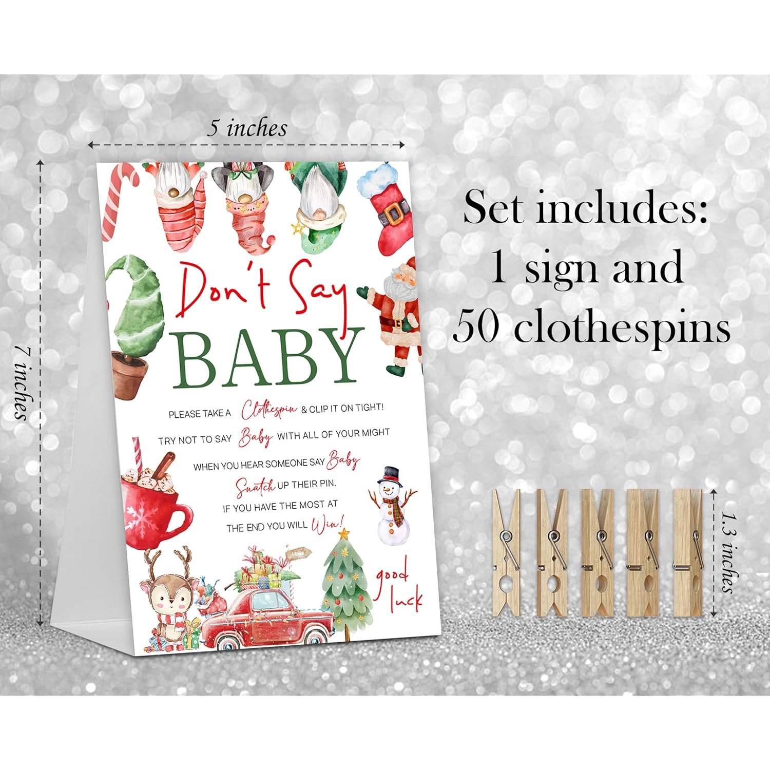Don'T Say Baby Game, Christmas Holiday Baby Shower Game Include Baby Shower Sign And 50 Pcs Mini Clothespins, Gender Neutral Baby Shower Decoration, Party Favors Supplies-Lf15