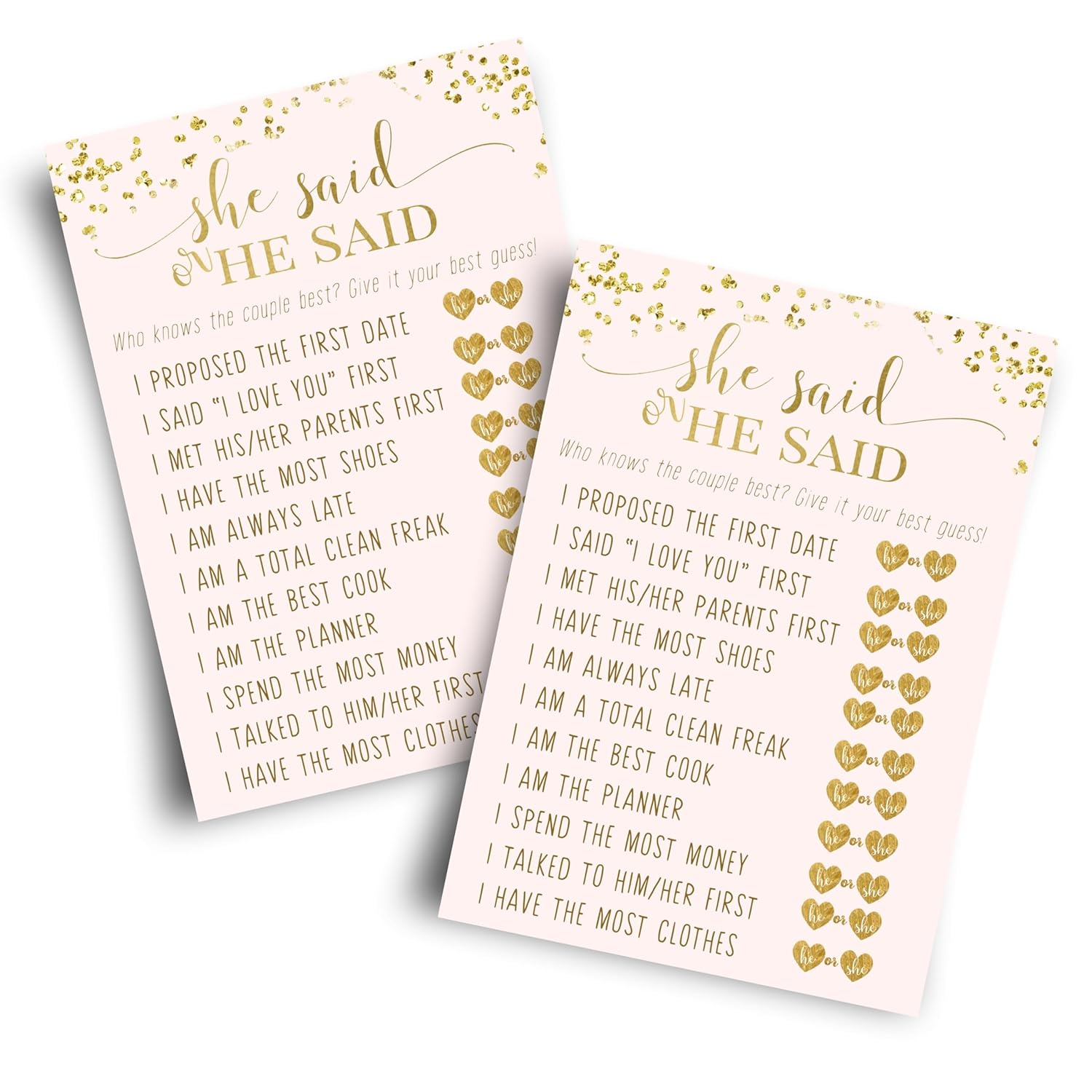 Pink And Gold Bridal Shower Games - 25 He Said Or She Said Cards - Guess Who Wedding Activity - Perfect For Engagements And Rehearsal Dinners - Modern Design, 4X6 Set