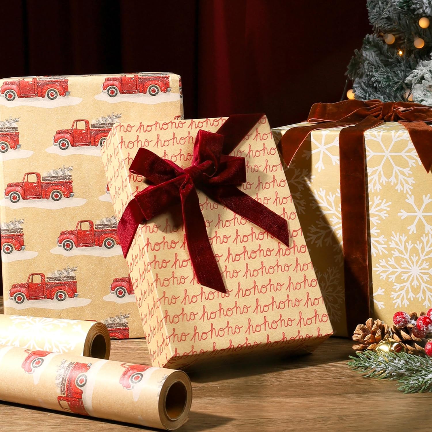 Reversible Kraft Vintage Christmas Wrapping Paper, Classic Truck & Hohoho Text Design For Christmas, Party, Holiday, Celebration, 17 Inch X 33 Feet
