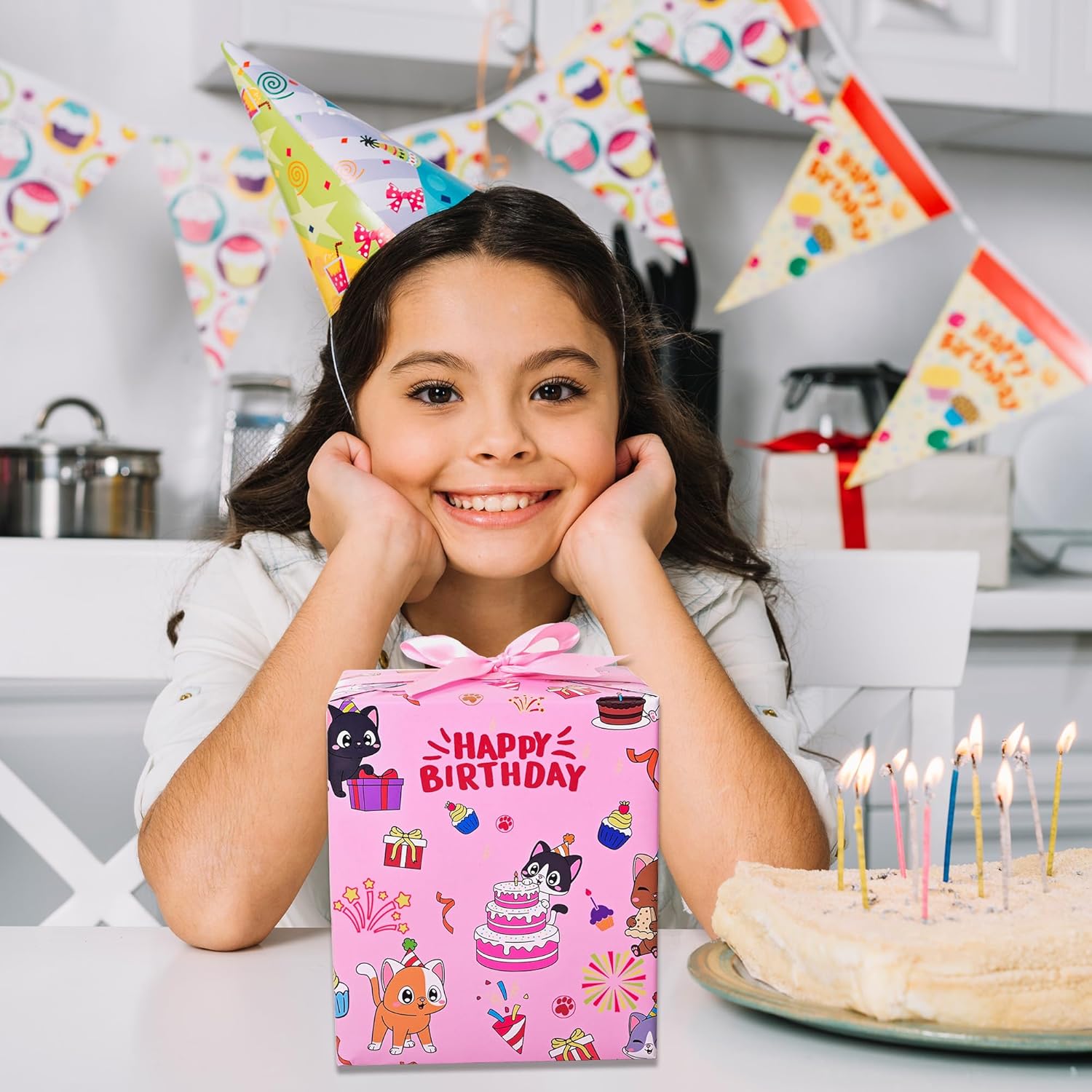 Reversible Cat Birthday Wrapping Paper Roll For Kid'S Girl'S - Cute Cat, Paw Print & Dot On Pink Design Gift Wrap For Birthday, Holiday, Baby Shower - 17 In X 20 Ft(Total 28.5Sq.Ft)