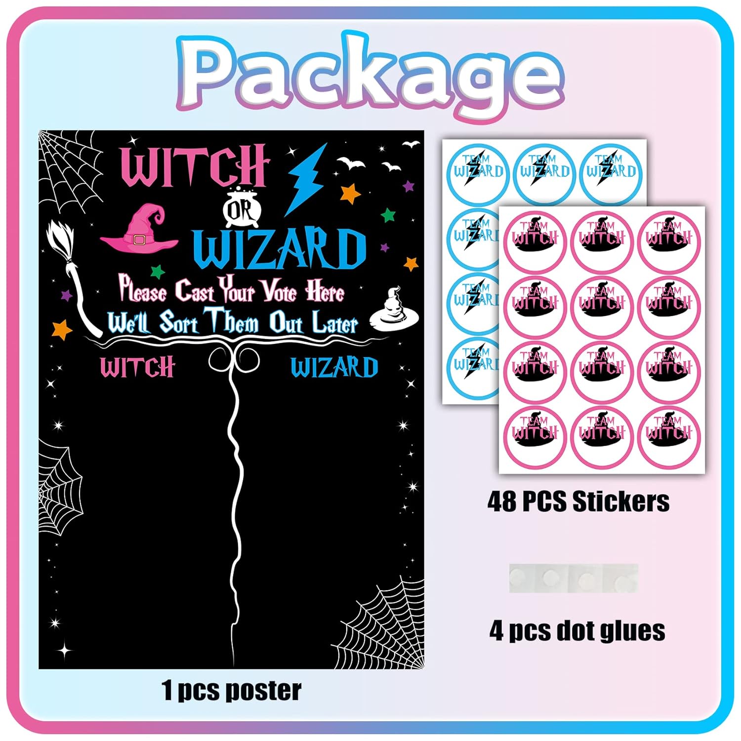 Witch Or Wizard Gender Reveal Games With 48 Voting Stickers, Halloween Baby Gender Reveal Decorations, Boy Or Girl Gender Reveal Ideas, Gender Reveal Voting Board Party Supplies