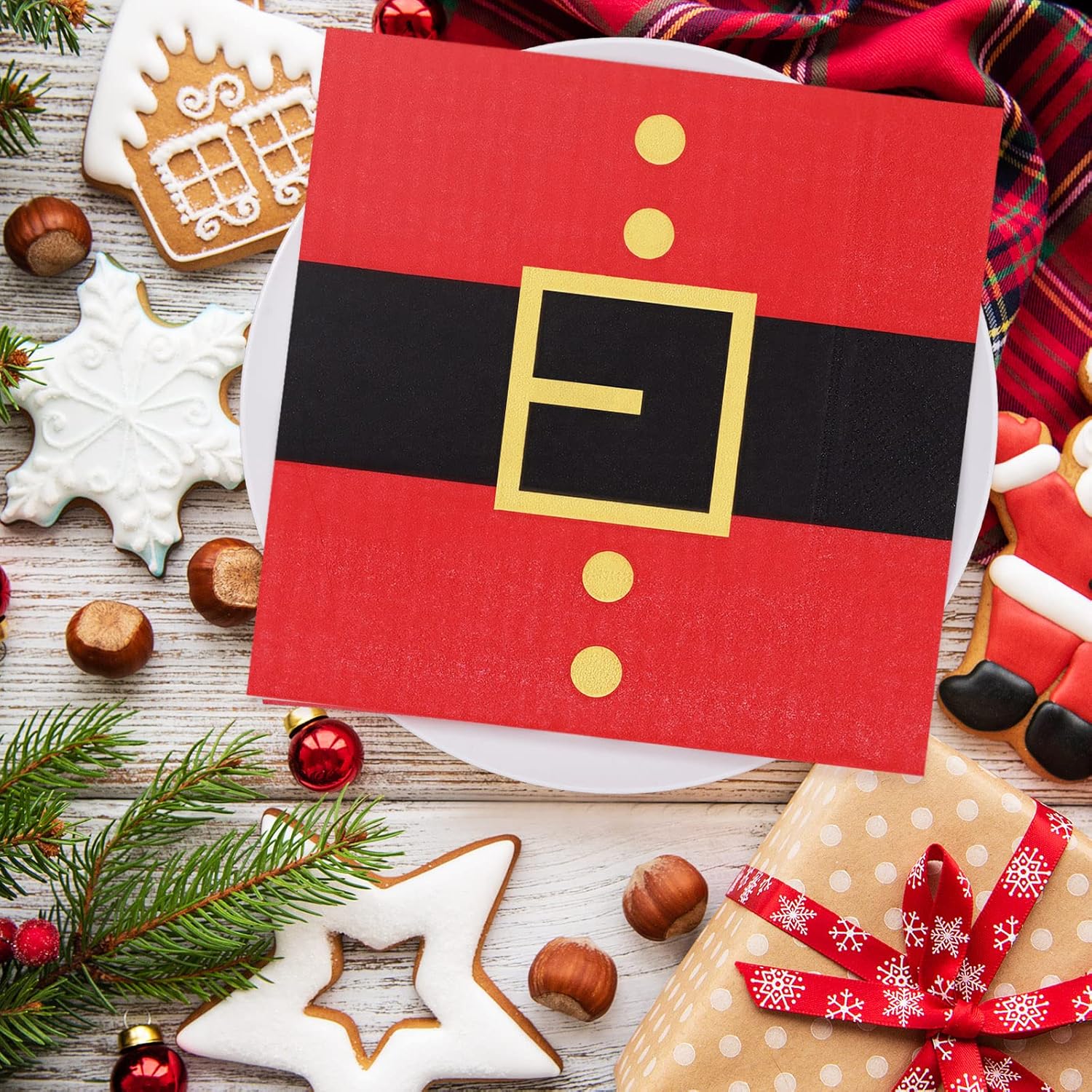 80 Pack Christmas Napkins 6.5 X 6.5 Inch Santa'S Belt Disposable Napkins Merry Christmas Dinner Napkins Holiday Paper Napkins For Xmas Winter Birthday Party Supplies Table Decoration