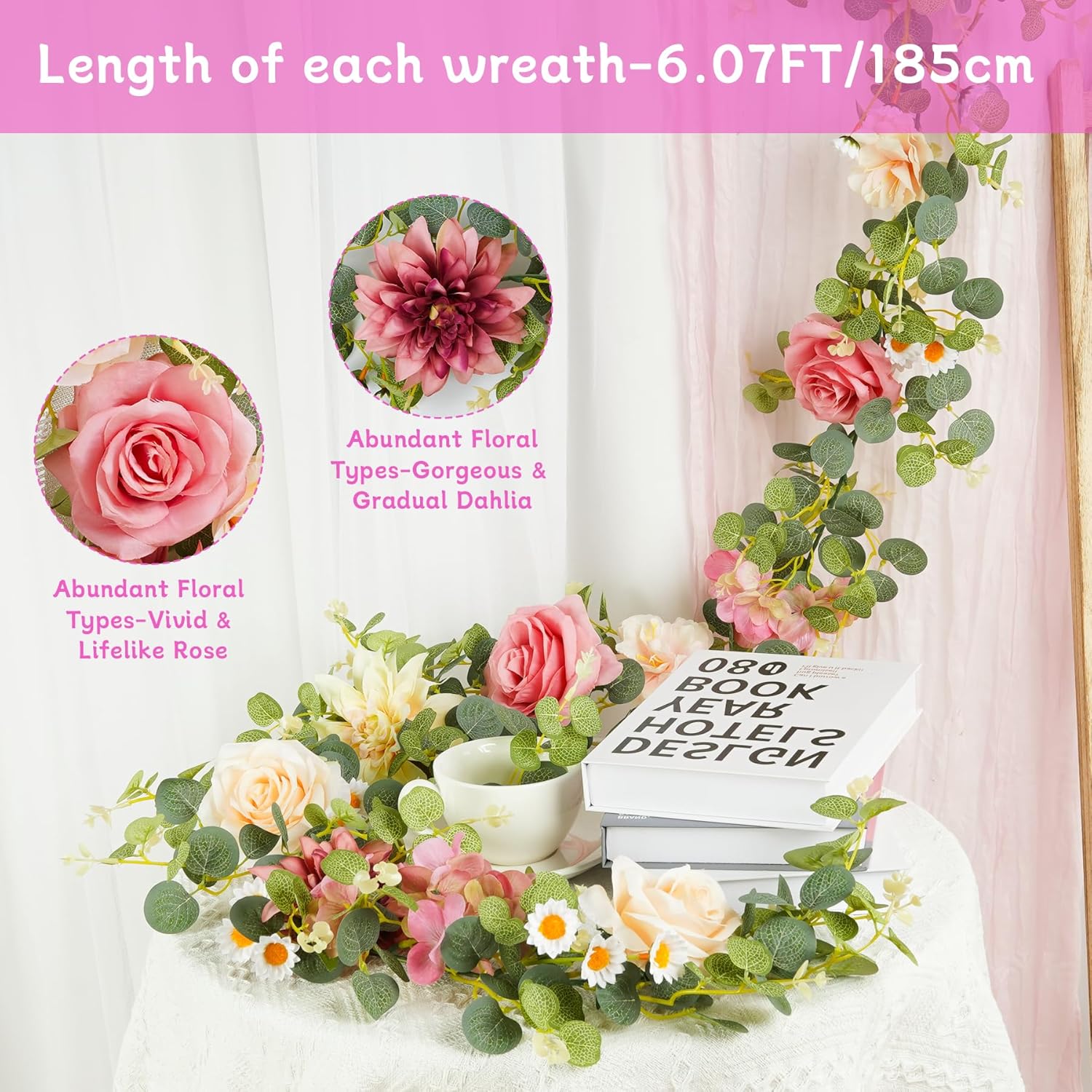 6.07Ft Pink Flower Garland, Silk Artificial Flowers Centerpieces For Tables, Eucalyptus Garland With Rose Dahlia Vines Hanging Outdoor Garlands For Wedding Birthday Party Backdrop Decorations(1 Pack)