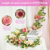 6.07Ft Pink Flower Garland, Silk Artificial Flowers Centerpieces For Tables, Eucalyptus Garland With Rose Dahlia Vines Hanging Outdoor Garlands For Wedding Birthday Party Backdrop Decorations(1 Pack)