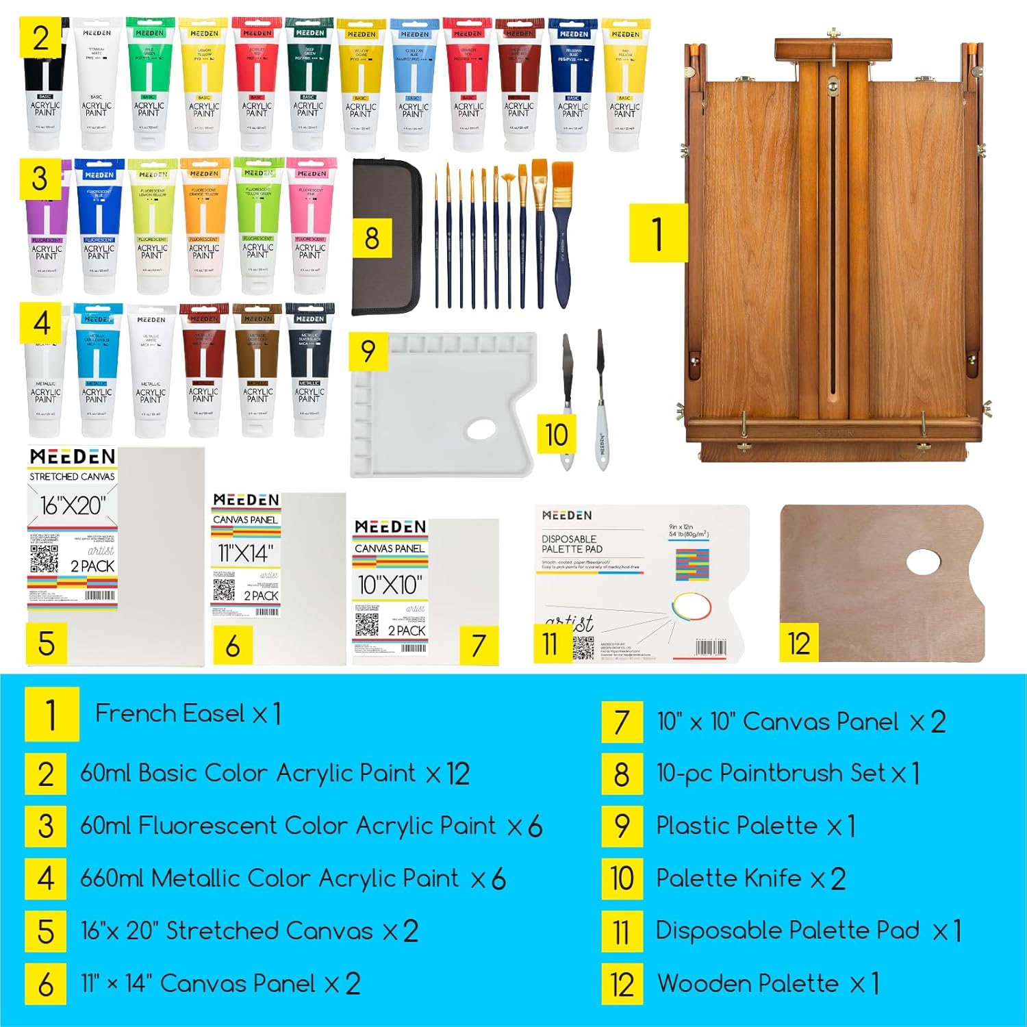 Painting Kit With French Easel, 24 Colors Acrylic Paint Set, 10 Pcs Paint Brush Set, Canvas Set & Art Supplies, Great Painting Set For Beginners & Artists