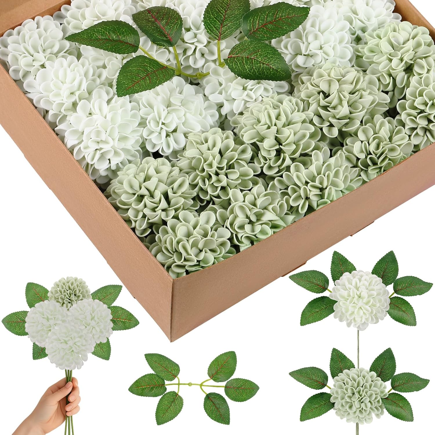 50 Pcs Sage Green Artificial Flowers With Stem For Diy Wedding Bouquets Centerpieces Arrangements, Green And White Dahlia Flowers For Bridal Shower Party Home Decorations, 3.15 Inches