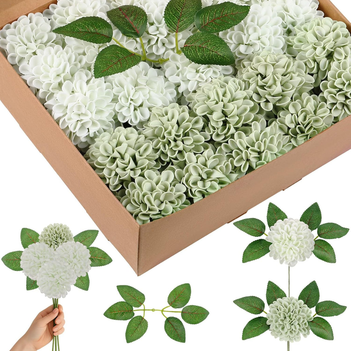 50 Pcs Sage Green Artificial Flowers With Stem For Diy Wedding Bouquets Centerpieces Arrangements, Green And White Dahlia Flowers For Bridal Shower Party Home Decorations, 3.15 Inches
