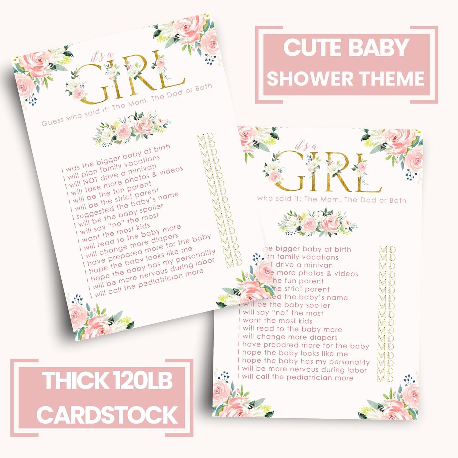 Oh Girl Baby Shower Games Hilarious - 25 Guess Who Mommy Or Daddy Game Cards - Fun Guessing Activities For Guests - Rustic Floral Theme Pink And Gold