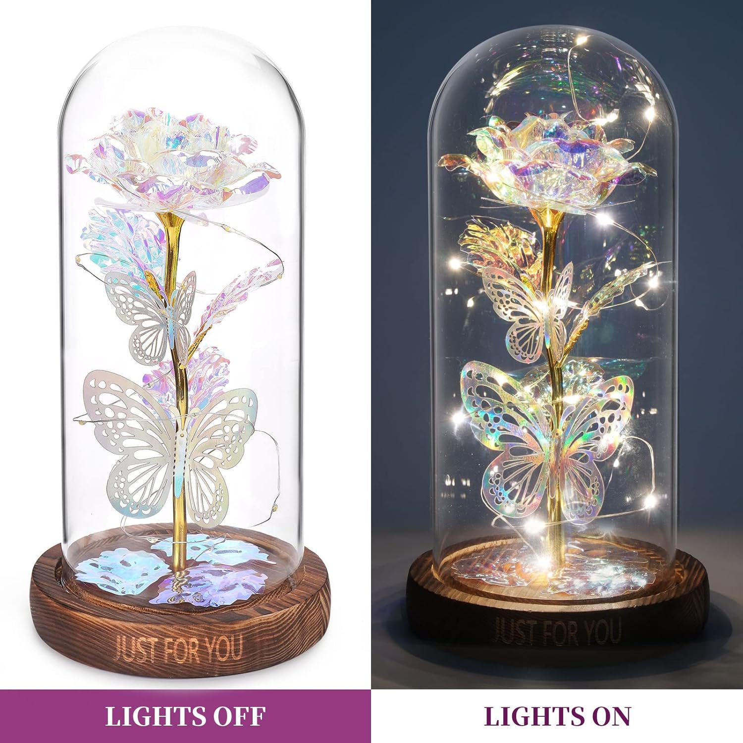 Valentines Day Gifts For Her, Light Up Rose Butterfly In Glass Dome, Birthday Anniversary Flowers Lighted Roses Gifts For Women,Wife,Mom, Grandma,Girlfriend,Girls,Sister-Silver