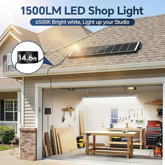 2 Pack 2.5FT Solar Shop Lights 1500LM LED Garage Bay Lights with Remote Sensor