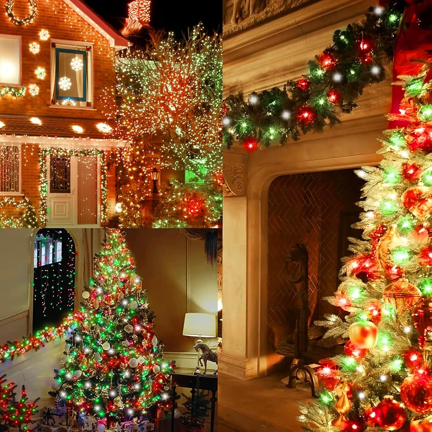 Christmas String Lights Red Green White Copper Wire, 2 Pack Total 200Led Fairy Lights Waterproof Twinkle Lights For Xmas