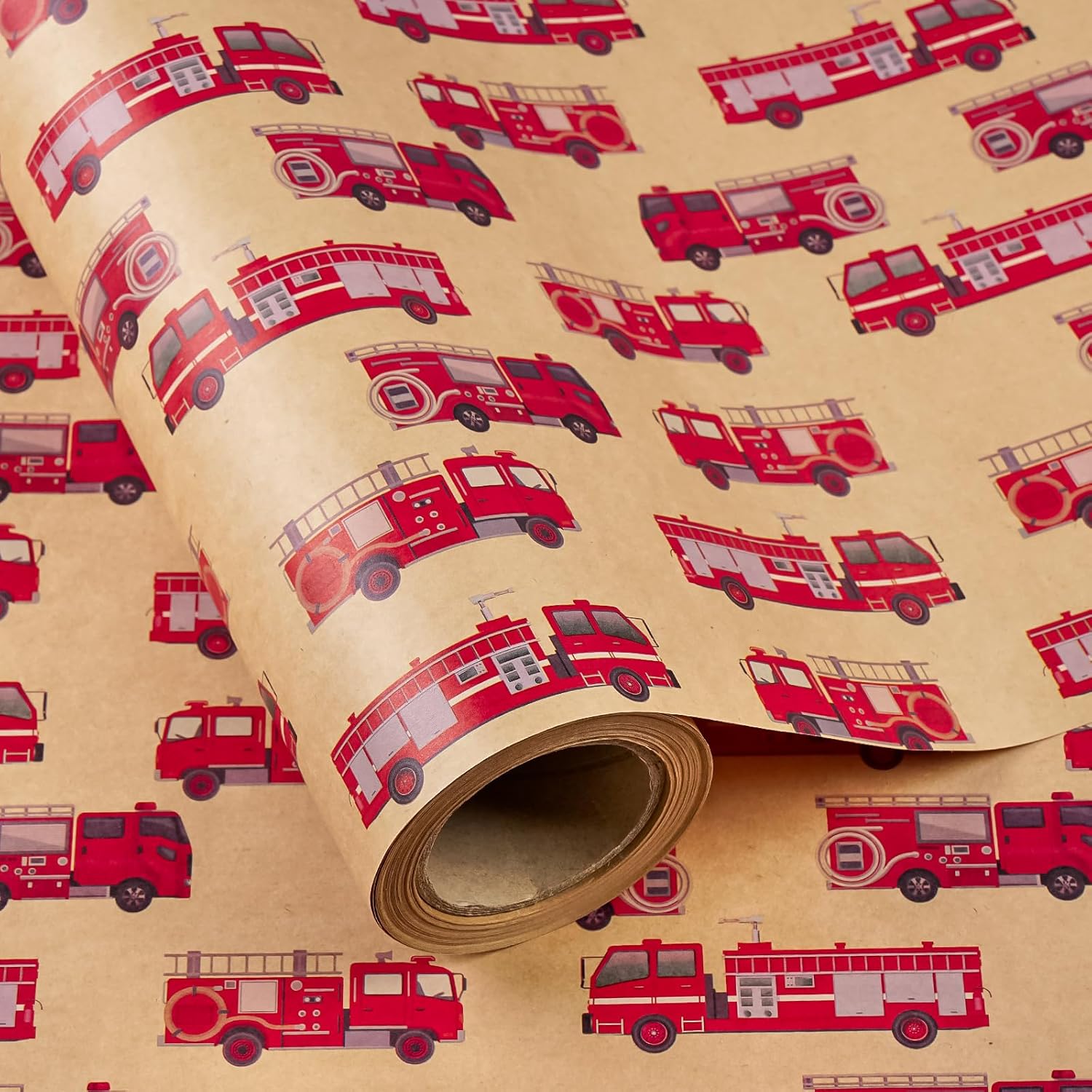 Kraft Fire Truck Wrapping Paper Roll - Mini Roll - 17 Inch X 16.5 Feet - Red Fire Engine Car Wrapping Paper, Perfect For Kids Boys Birthday, Baby Shower