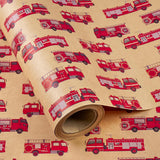 Kraft Fire Truck Wrapping Paper Roll - Mini Roll - 17 Inch X 16.5 Feet - Red Fire Engine Car Wrapping Paper, Perfect For Kids Boys Birthday, Baby Shower