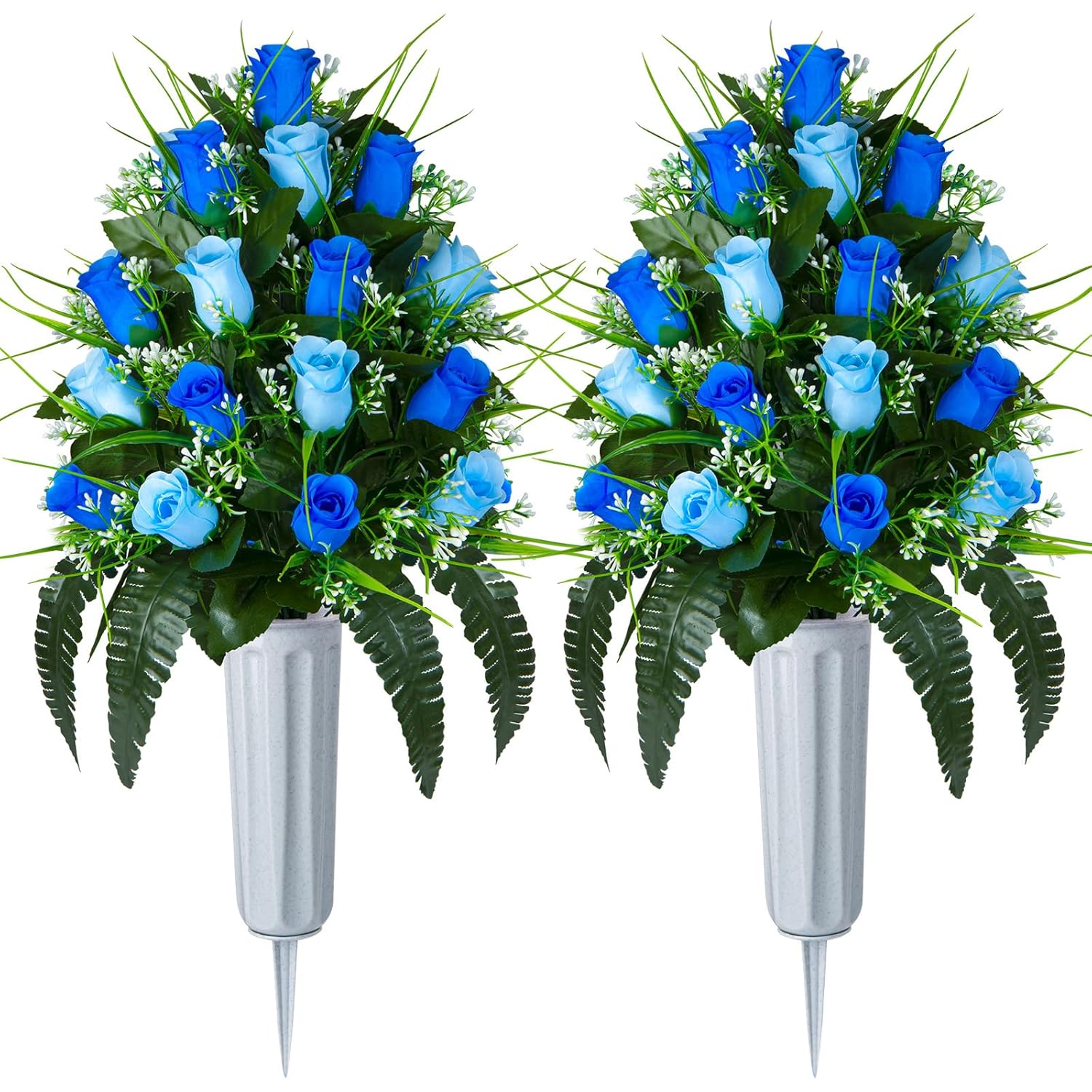 2 Sets Artificial Cemetery Flowers, Grave Decorations Roses, Memorial Flowers Bouquet With Vase For Grave Cemetery Decoration (Dark Blue&Light Blue)