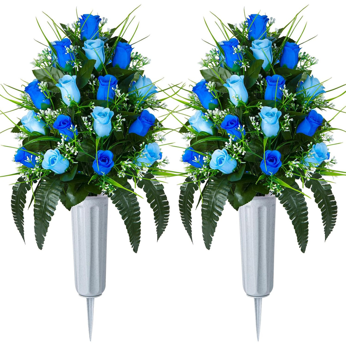 2 Sets Artificial Cemetery Flowers, Grave Decorations Roses, Memorial Flowers Bouquet With Vase For Grave Cemetery Decoration (Dark Blue&Light Blue)
